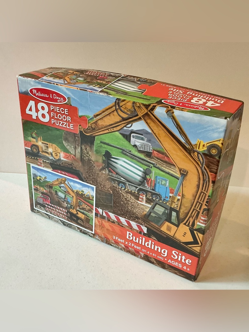 Melissa & Doug Building Site Puzzle with Yellow Excavator and Orange Barricade